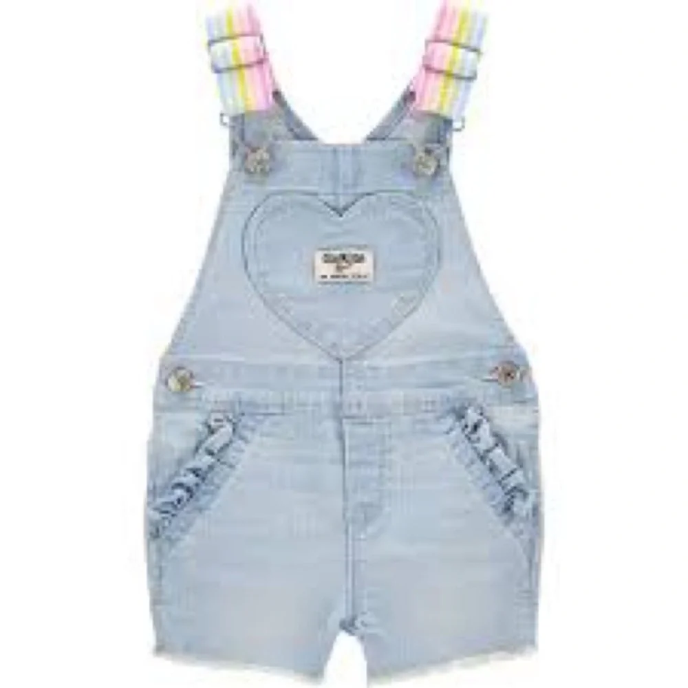 OshKosh B’gosh Denim Shortalls Heart Pocket Pastel Rainbow Straps 18M